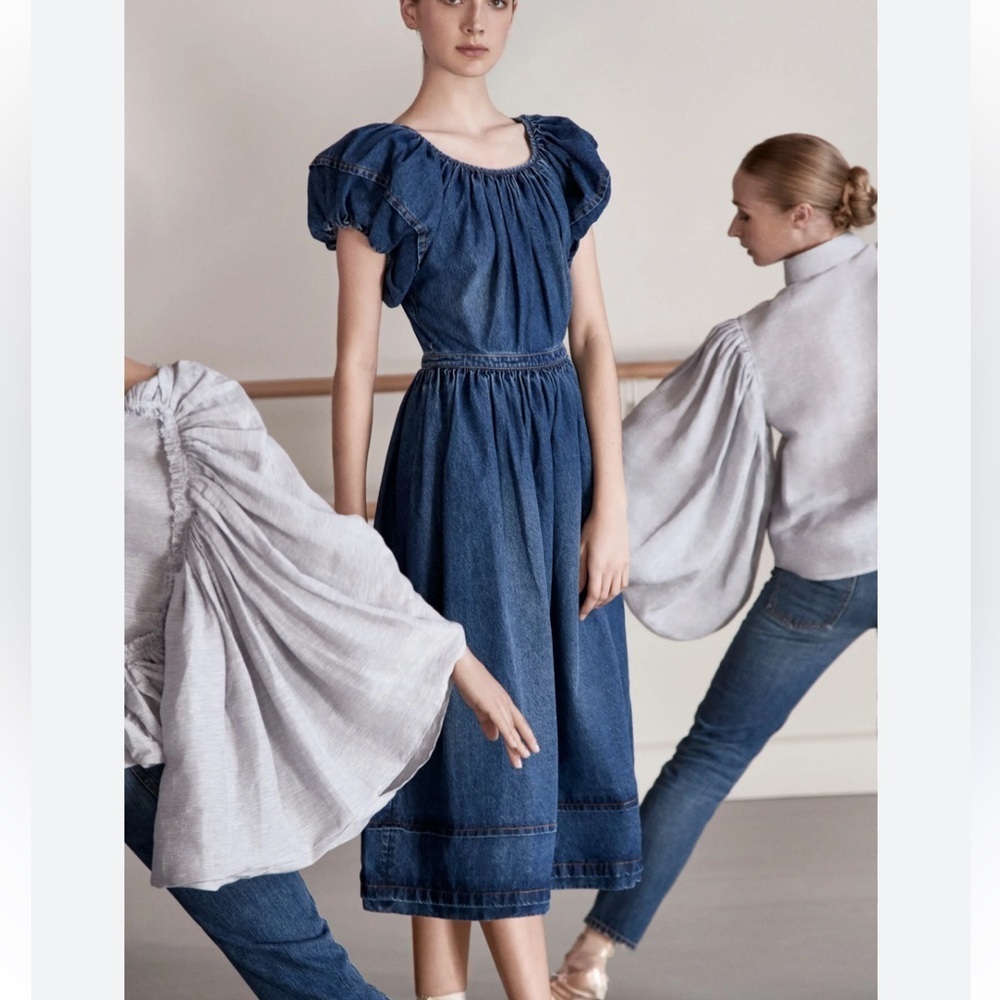 CO Denim Designer Puff Short Sleeve Minimalist Midi Dress Size XS